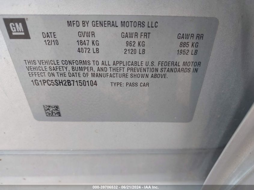 2011 Chevrolet Cruze Ls VIN: 1G1PC5SH2B7150104 Lot: 39706532