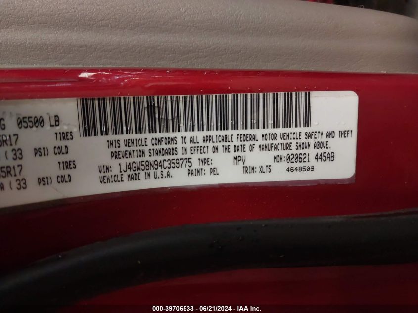 2004 Jeep Grand Cherokee Limited VIN: 1J4GW58N94C359775 Lot: 39706533