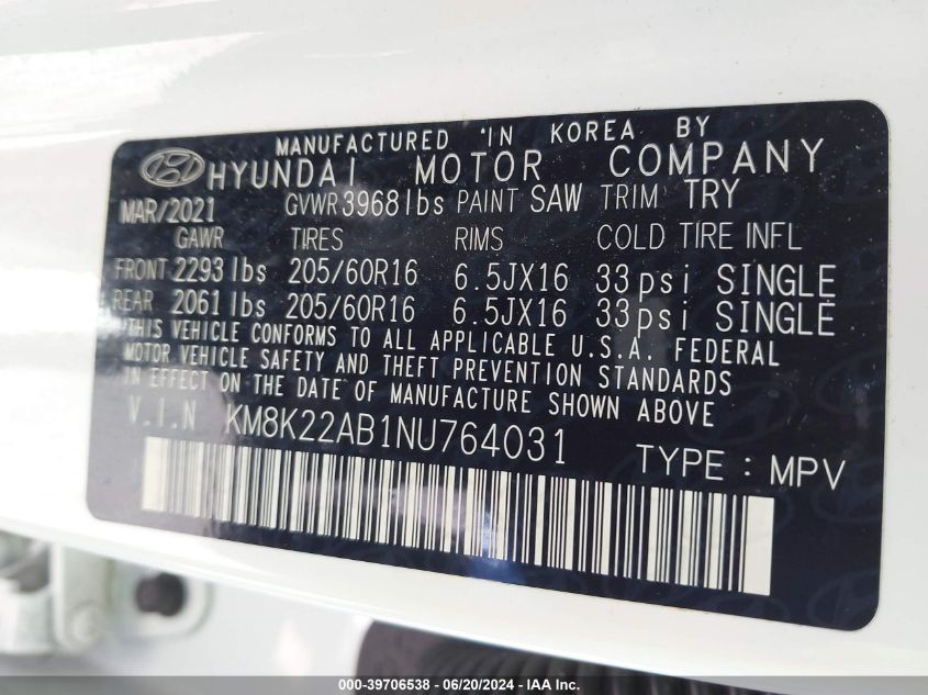 2022 Hyundai Kona Se VIN: KM8K22AB1NU764031 Lot: 39706538