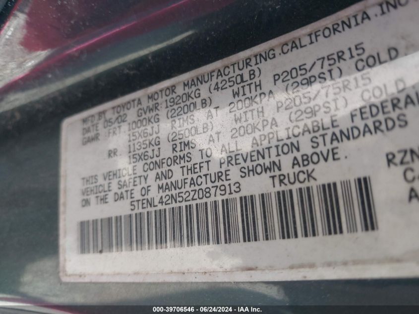 2002 Toyota Tacoma VIN: 5TENL42N52Z087913 Lot: 39706546
