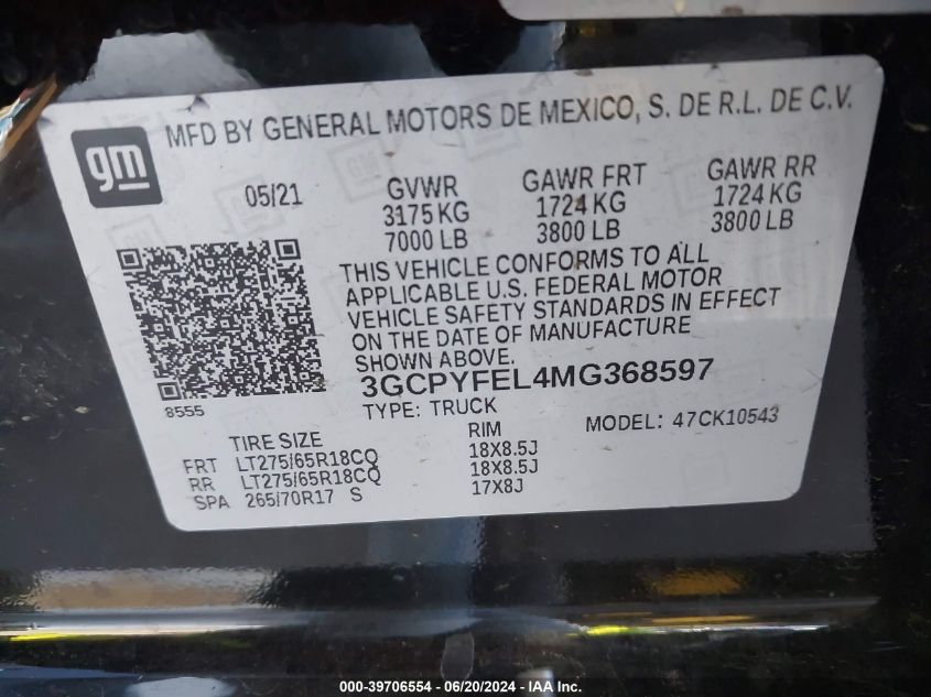 2021 Chevrolet Silverado K1500 Lt Trail Boss VIN: 3GCPYFEL4MG368597 Lot: 39706554