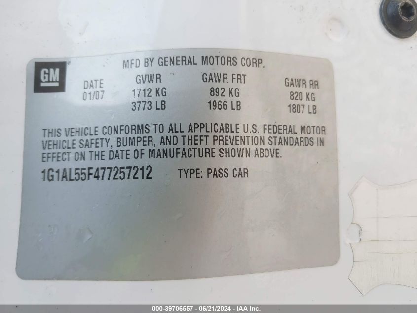 2007 Chevrolet Cobalt Lt VIN: 1G1AL55F477257212 Lot: 39706557