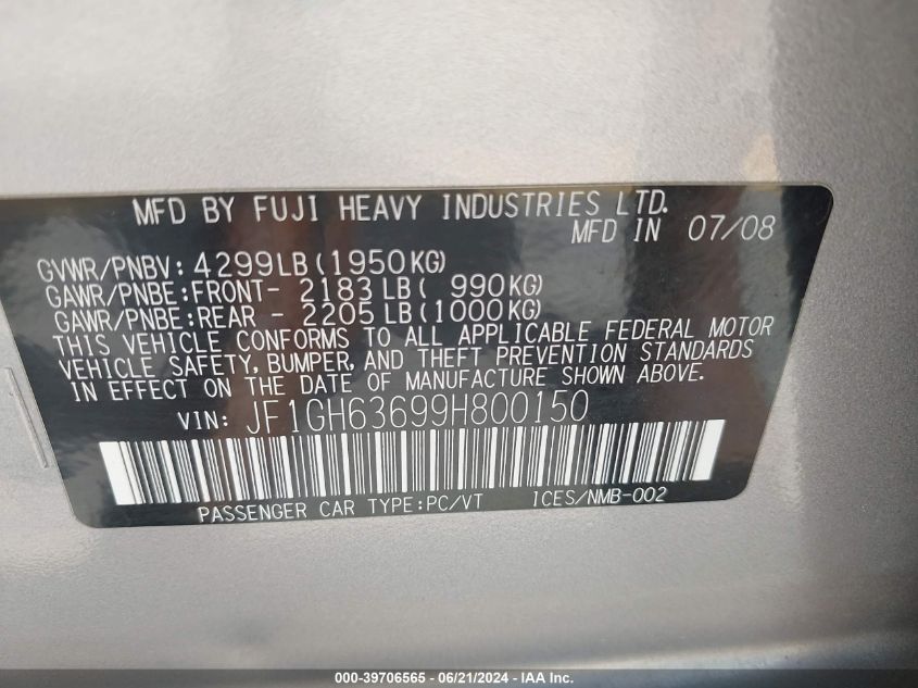 2009 Subaru Impreza Outback Sport VIN: JF1GH63699H800150 Lot: 39706565