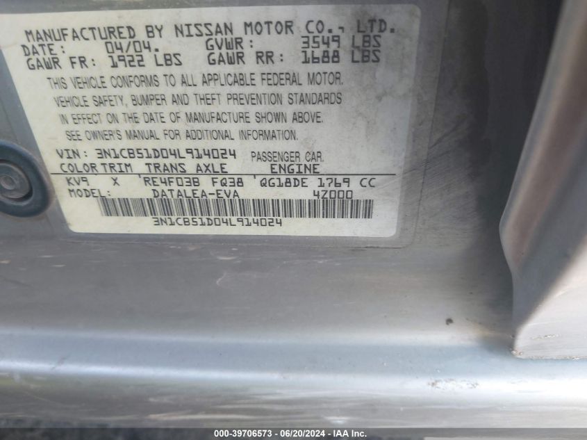 2004 Nissan Sentra 1.8/1.8S VIN: 3N1CB51D04L914024 Lot: 39706573