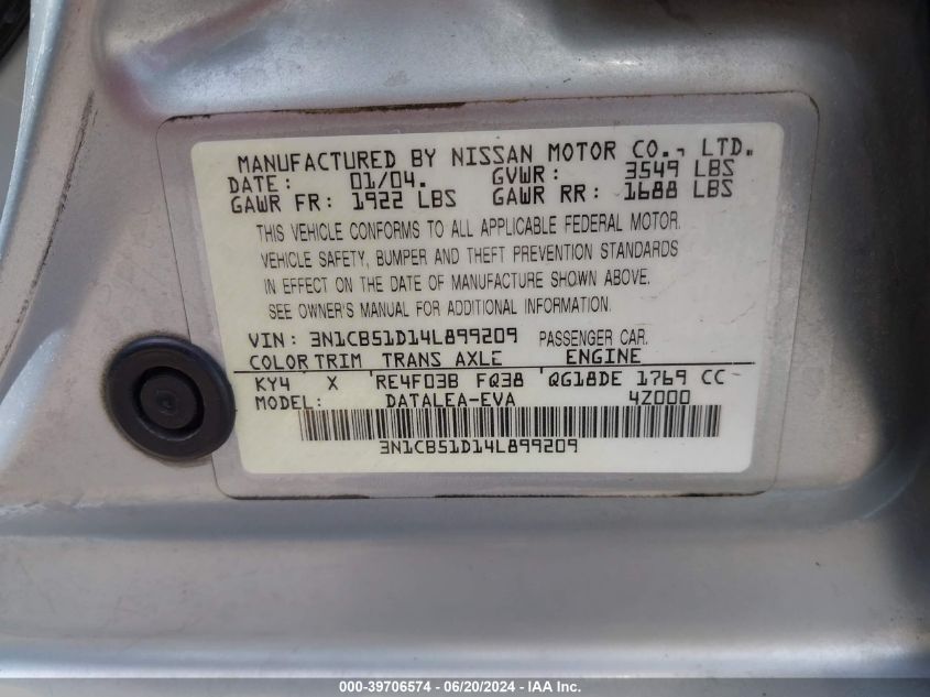 2004 Nissan Sentra 1.8/1.8S VIN: 3N1CB51D14L899209 Lot: 39706574