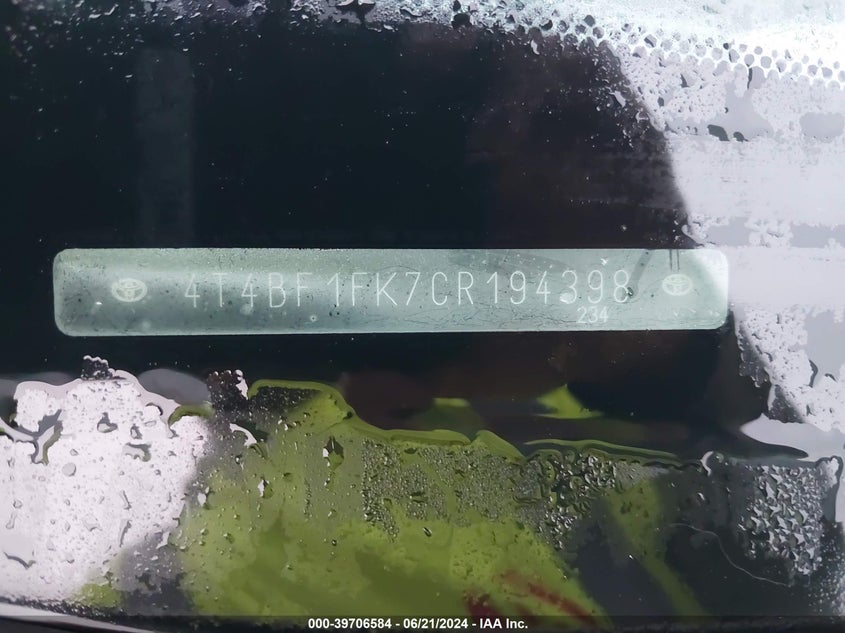 2012 Toyota Camry Xle VIN: 4T4BF1FK7CR194398 Lot: 39706584