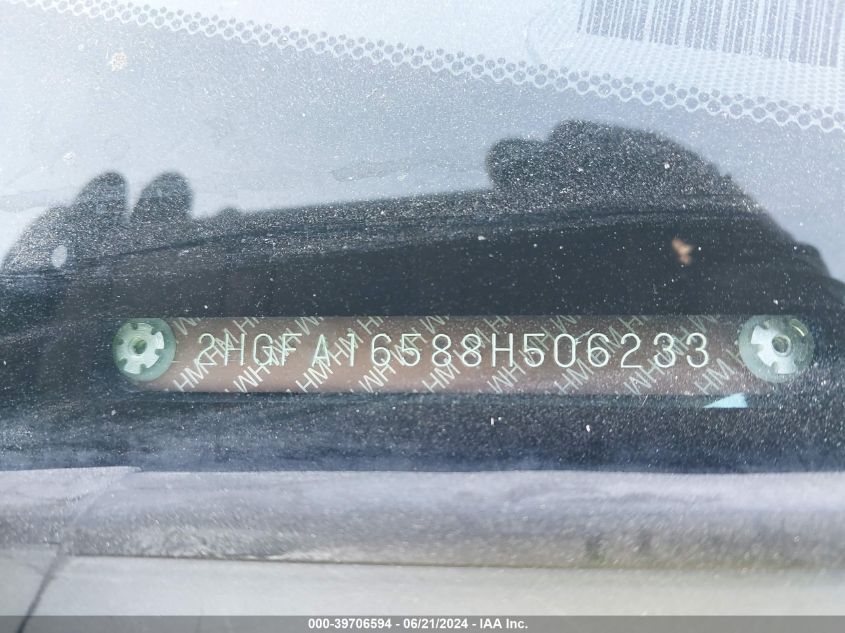 2008 Honda Civic Lx VIN: 2HGFA16588H506233 Lot: 39706594