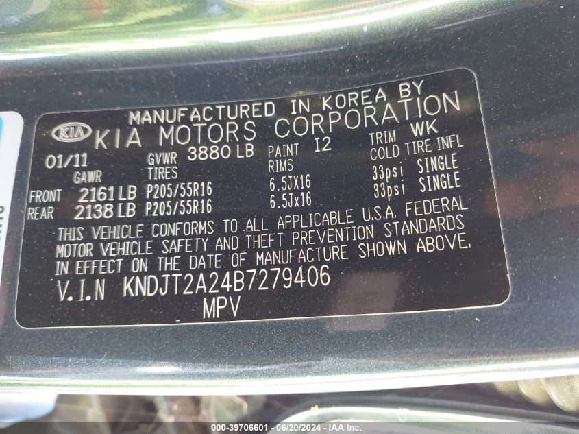 2011 Kia Soul + VIN: KNDJT2A24B7279406 Lot: 39706601