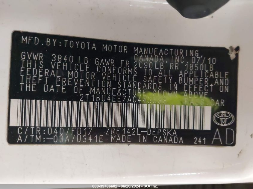 2010 Toyota Corolla S VIN: 2T1BU4EE7AC443598 Lot: 39706602