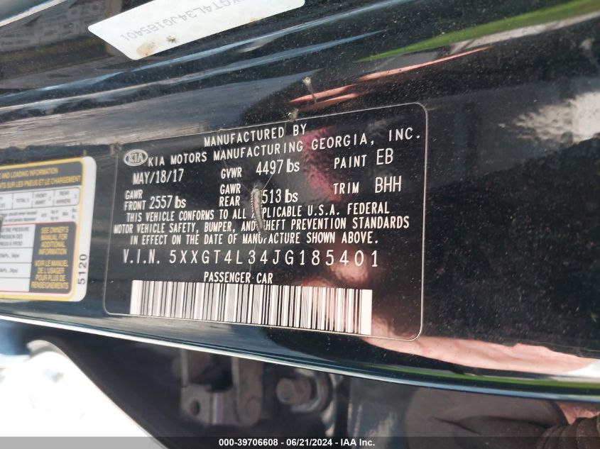 2018 Kia Optima Lx/S VIN: 5XXGT4L34JG185401 Lot: 39706608