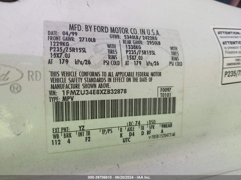 1999 Ford Explorer Eddie Bauer/Limited/Xlt VIN: 1FMZU34E8XZB32878 Lot: 39706610
