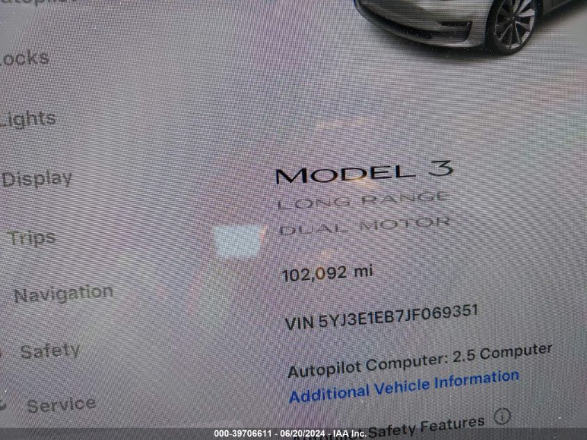 2018 Tesla Model 3 Long Range/Performance VIN: 5YJ3E1EB7JF069351 Lot: 39706611