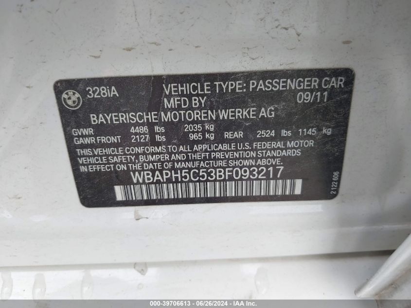 2011 BMW 328I VIN: WBAPH5C53BF093217 Lot: 39706613