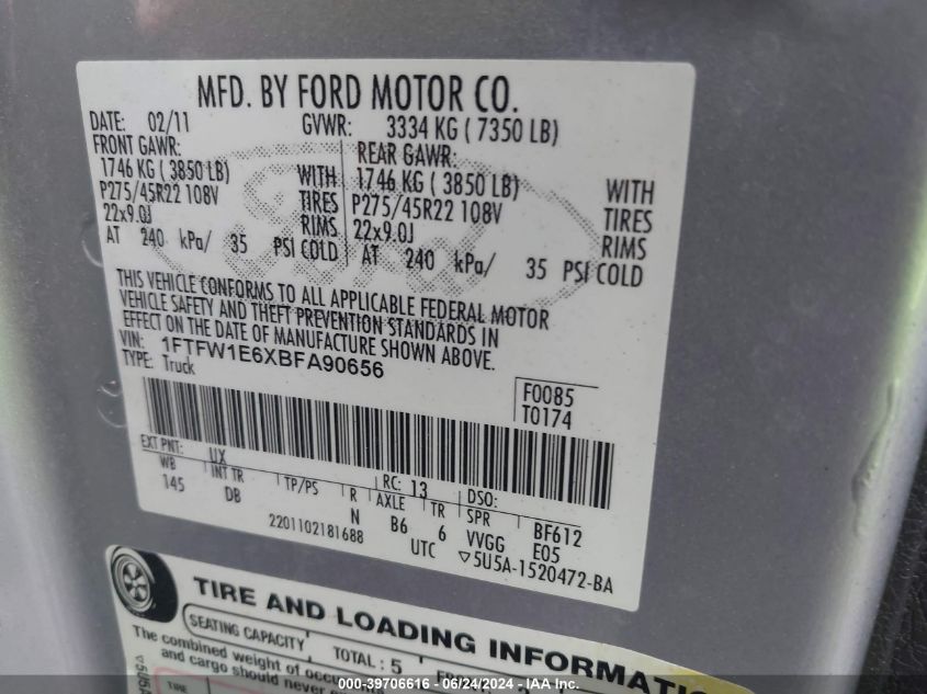 2011 Ford F-150 Harley-Davidson VIN: 1FTFW1E6XBFA90656 Lot: 39706616