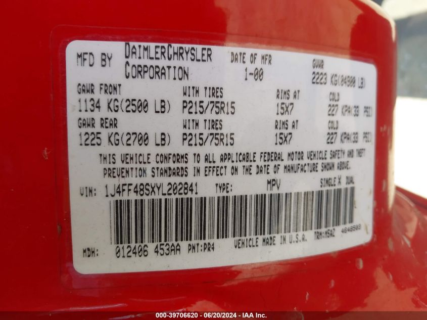 2000 Jeep Cherokee Sport VIN: 1J4FF48SXYL202841 Lot: 39706620