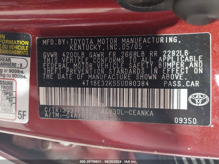 2005 Toyota Camry Le VIN: 4T1BE32K55U080384 Lot: 39706631