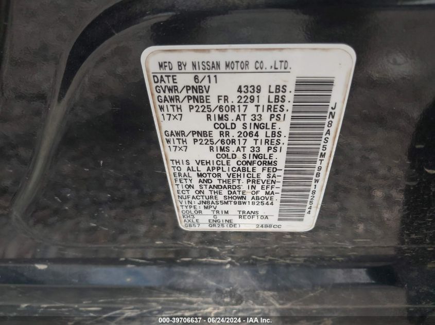 2011 Nissan Rogue Sv VIN: JN8AS5MT9BW182544 Lot: 39706637