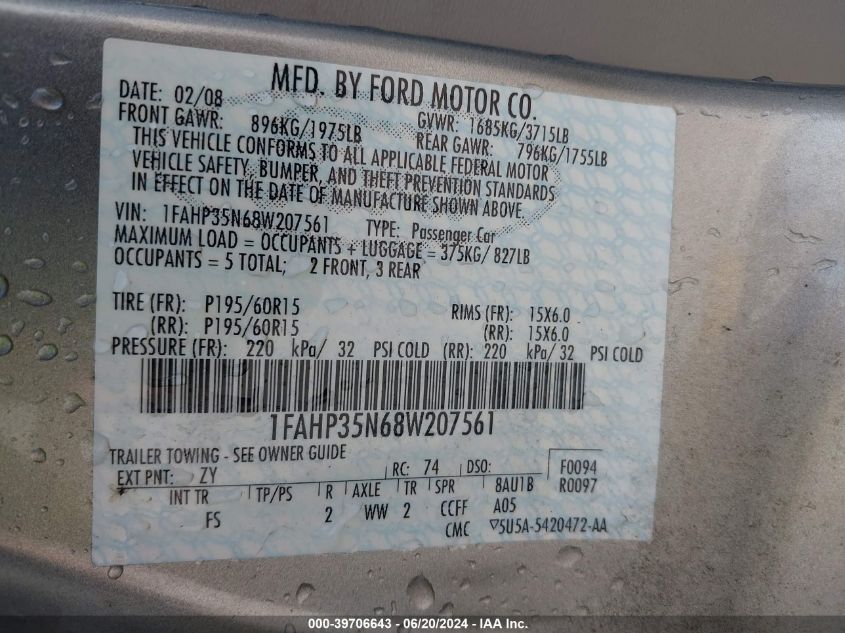 2008 Ford Focus Se/Ses VIN: 1FAHP35N68W207561 Lot: 39706643