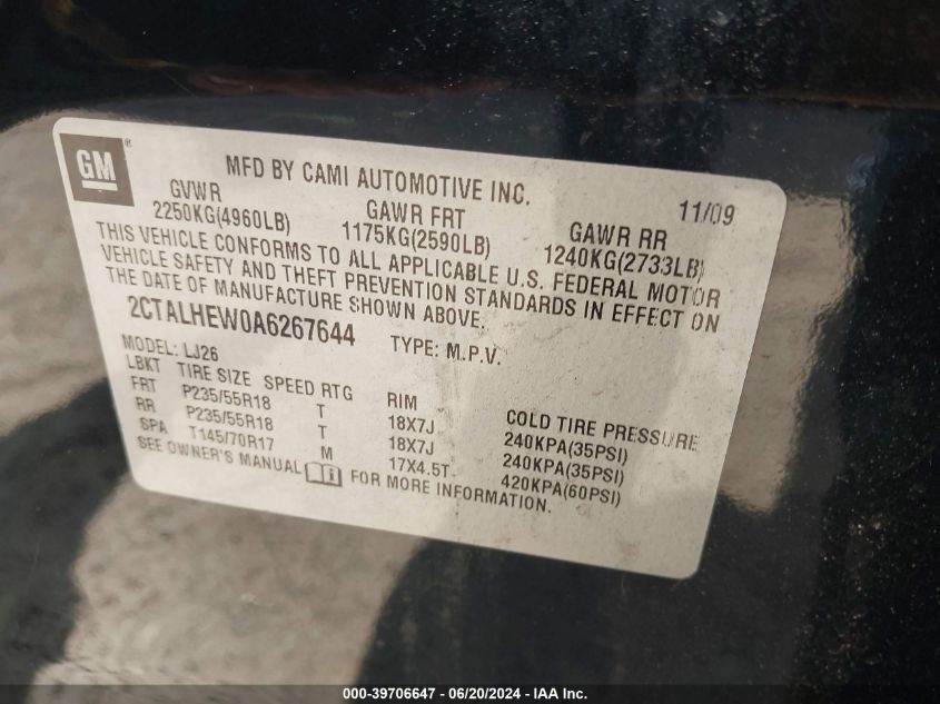 2010 GMC Terrain Slt-2 VIN: 2CTALHEW0A6267644 Lot: 39706647