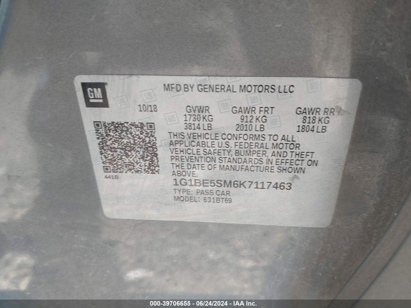 2019 Chevrolet Cruze Lt VIN: 1G1BE5SM6K7117463 Lot: 39706655