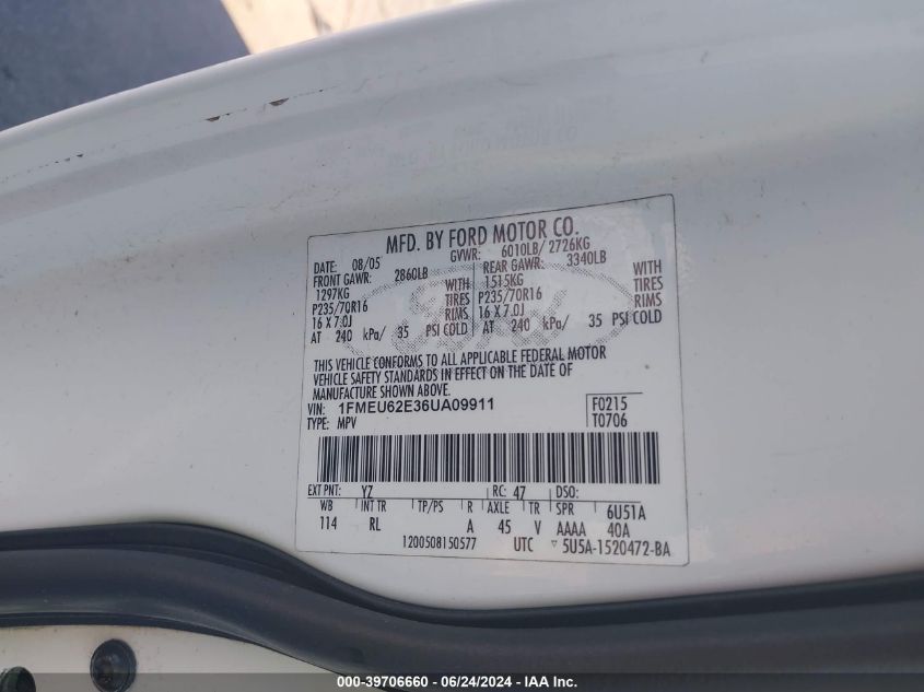 2006 Ford Explorer Xls VIN: 1FMEU62E36UAO9911 Lot: 39706660