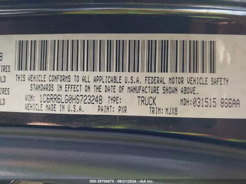 2017 Ram 1500 Lone Star 4X2 5'7 Box VIN: 1C6RR6LG0HS723248 Lot: 39706675