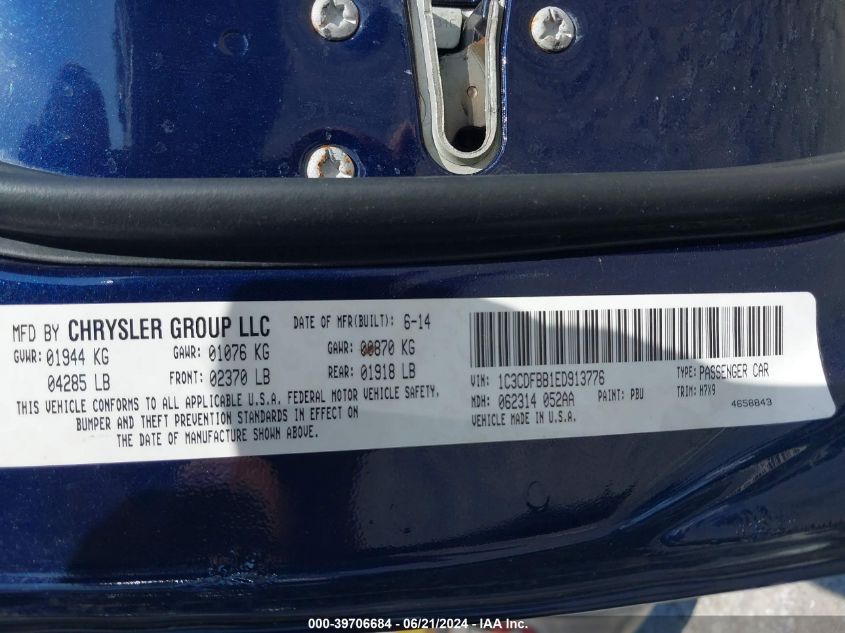 2014 Dodge Dart Sxt VIN: 1C3CDFBB1ED913776 Lot: 39706684