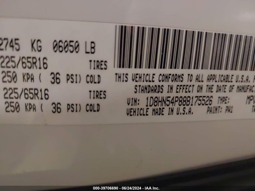 2008 Dodge Grand Caravan Sxt VIN: 1D8HN54P88B175526 Lot: 39706690