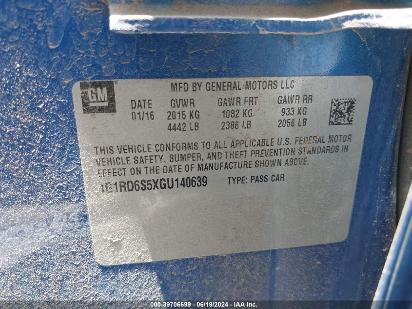 2016 Chevrolet Volt Premier VIN: 1G1RD6S5XGU140639 Lot: 39706699