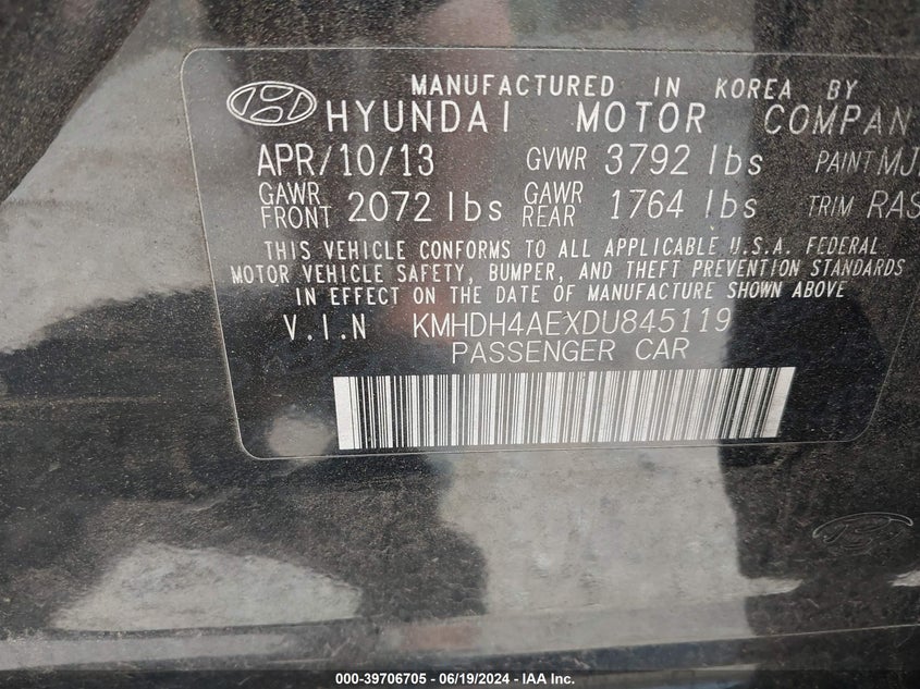2013 Hyundai Elantra Gls VIN: KMHDH4AEXDU845119 Lot: 39706705