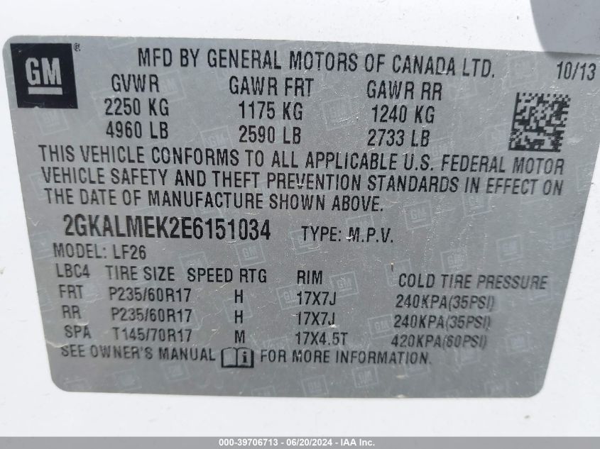 2014 GMC Terrain Sle-1 VIN: 2GKALMEK2E6151034 Lot: 39706713