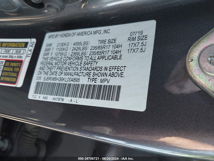 2019 HONDA CR-V LX - 5J6RW6H36KL004895