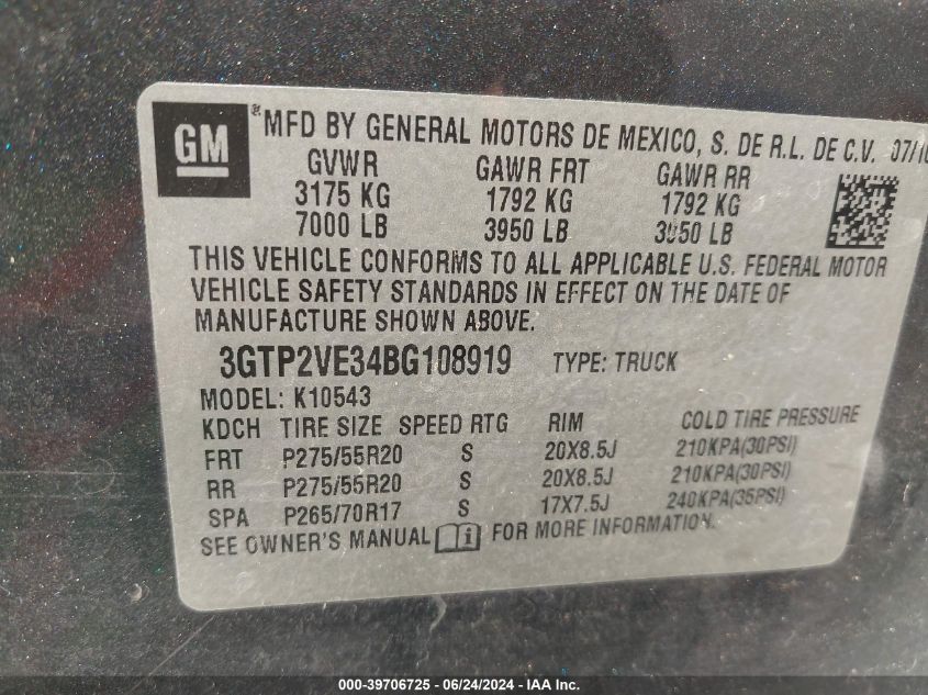 2011 GMC Sierra 1500 Sle VIN: 3GTP2VE34BG108919 Lot: 39706725