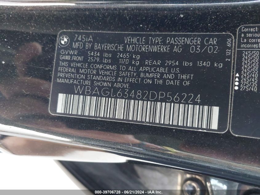 2002 BMW 745I I VIN: WBAGL63482DP56224 Lot: 39706728