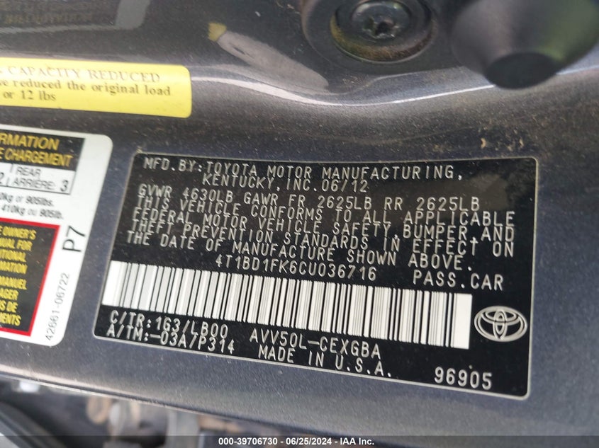 2012 Toyota Camry Hybrid Le/Xle VIN: 4T1BD1FK6CU036716 Lot: 39706730