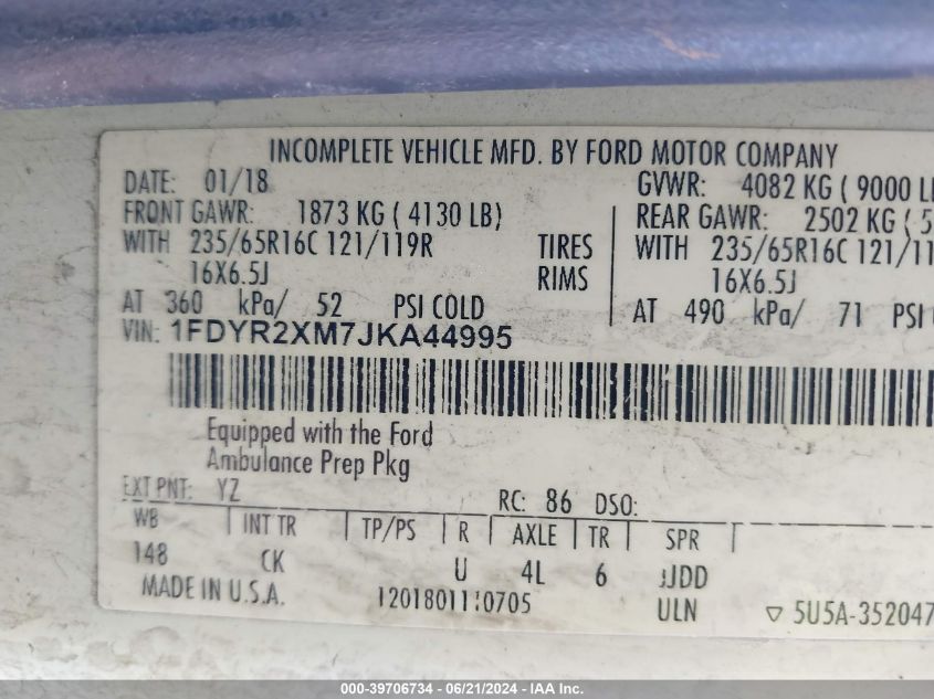 2018 Ford Transit T-250 VIN: 1FDYR2XM7JKA44995 Lot: 39706734