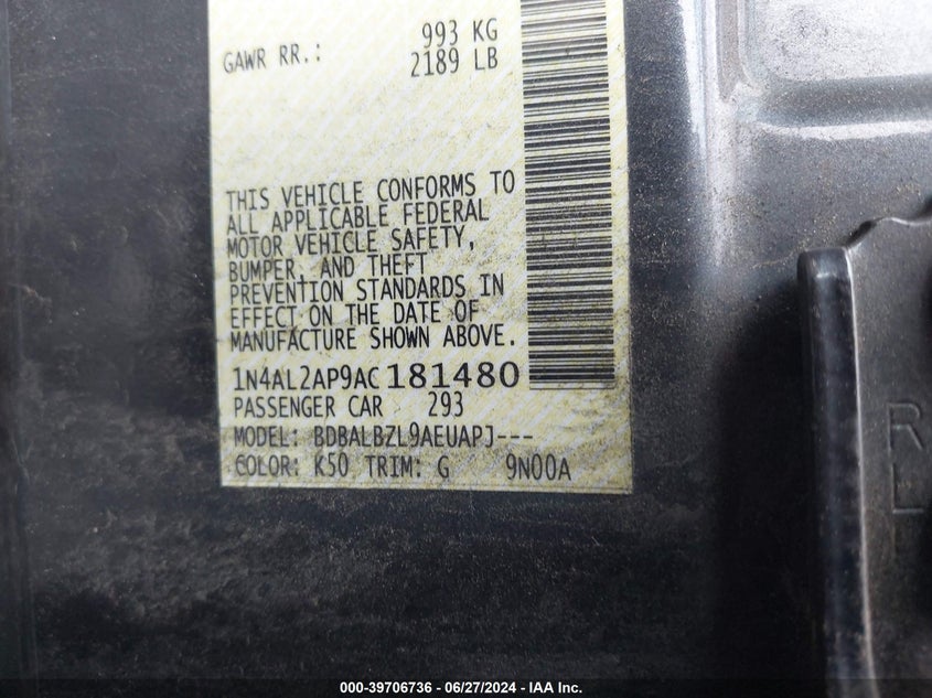 2010 Nissan Altima S VIN: 1N4AL2AP9AC181480 Lot: 39706736