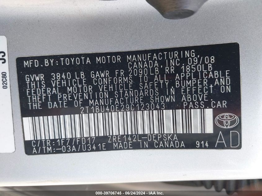 2009 Toyota Corolla S VIN: 2T1BU40E29C123043 Lot: 39706745