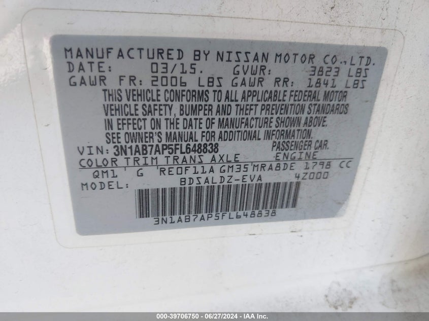 2015 Nissan Sentra Fe+ S/S/Sl/Sr/Sv VIN: 3N1AB7AP5FL648838 Lot: 39706750