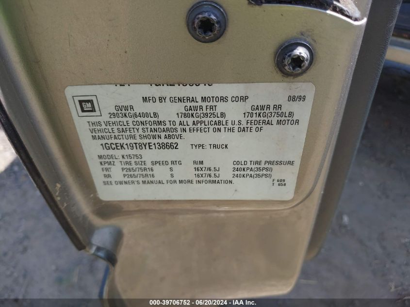 2000 Chevrolet Silverado 1500 Ls VIN: 1GCEK19T8YE138662 Lot: 39706752