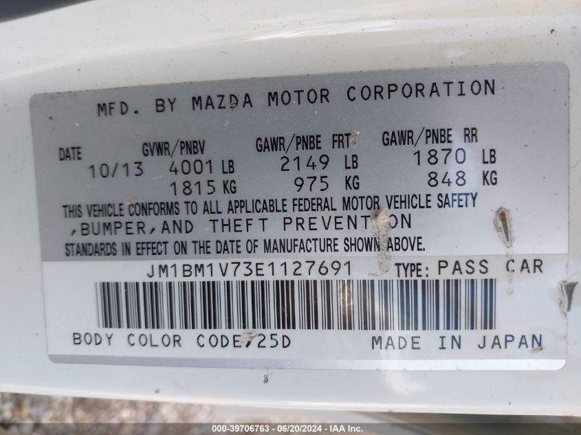 2014 Mazda Mazda3 I Touring VIN: JM1BM1V73E1127691 Lot: 39706763