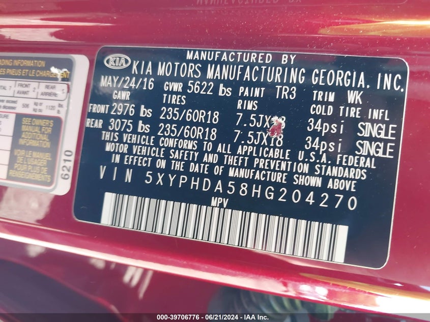 2017 Kia Sorento 3.3L Ex VIN: 5XYPHDA58HG204270 Lot: 39706776
