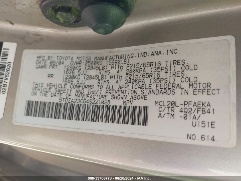 2004 Toyota Sienna Le VIN: 5TDZA23C64S221028 Lot: 39706778