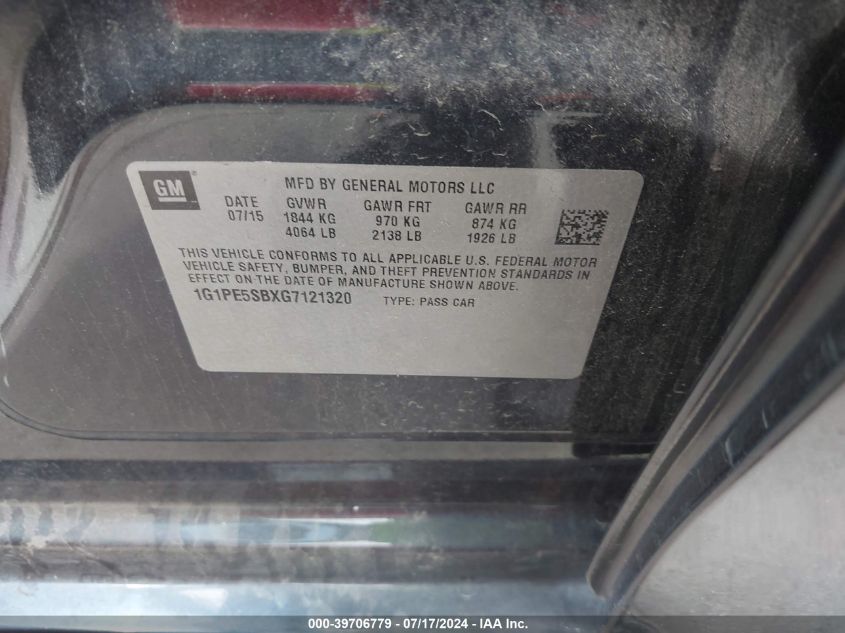 2016 Chevrolet Cruze Limited 1Lt Auto VIN: 1G1PE5SBXG7121320 Lot: 39706779