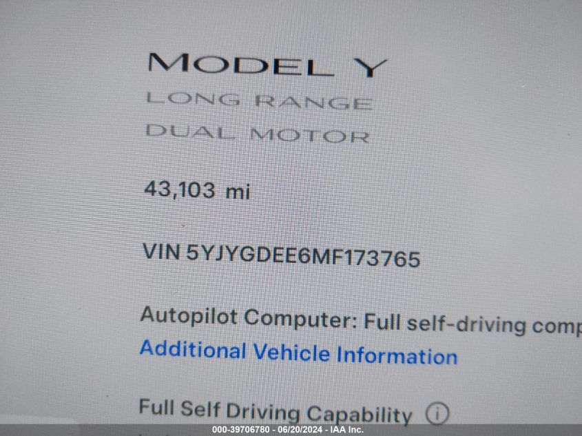 2021 Tesla Model Y Long Range Dual Motor All-Wheel Drive VIN: 5YJYGDEE6MF173765 Lot: 39706780