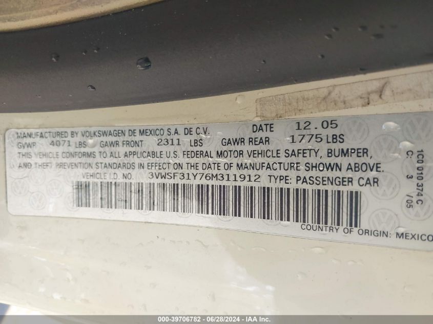 2006 Volkswagen New Beetle 2.5 VIN: 3VWSF31Y76M311912 Lot: 39706782