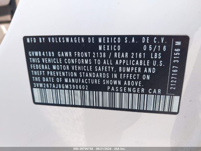2016 Volkswagen Jetta S VIN: 3VW267AJ8GM390602 Lot: 39706788