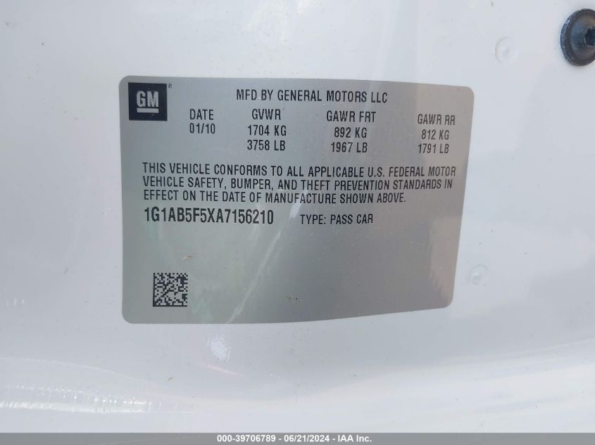 2010 Chevrolet Cobalt Ls VIN: 1G1AB5F5XA7156210 Lot: 39706789