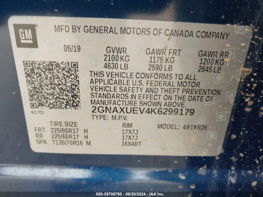 2019 Chevrolet Equinox Lt VIN: 2GNAXUEV4K6299179 Lot: 39706795