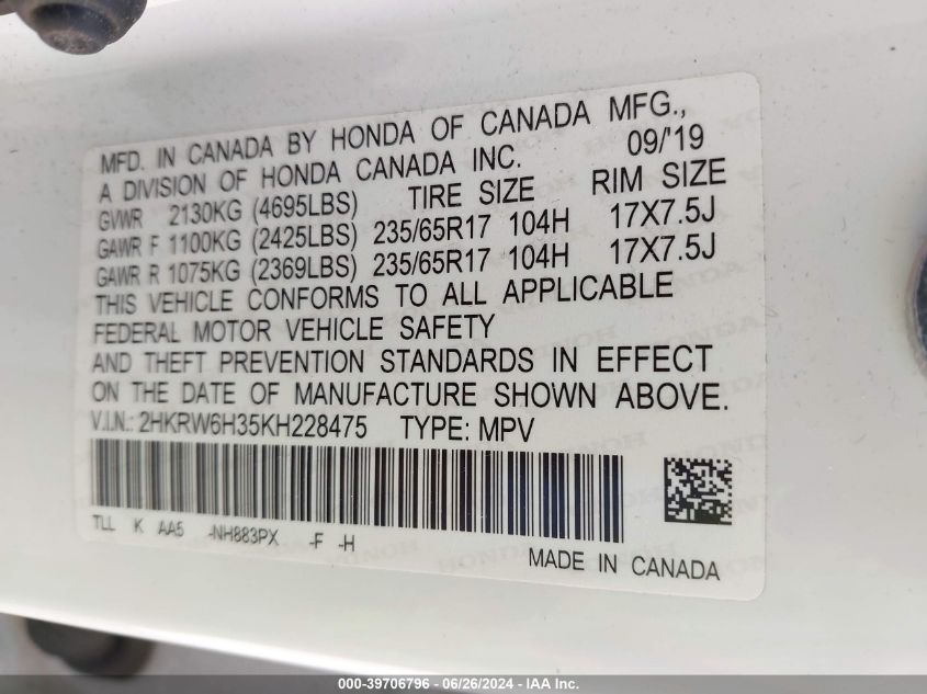 2HKRW6H35KH228475 2019 Honda Cr-V Lx